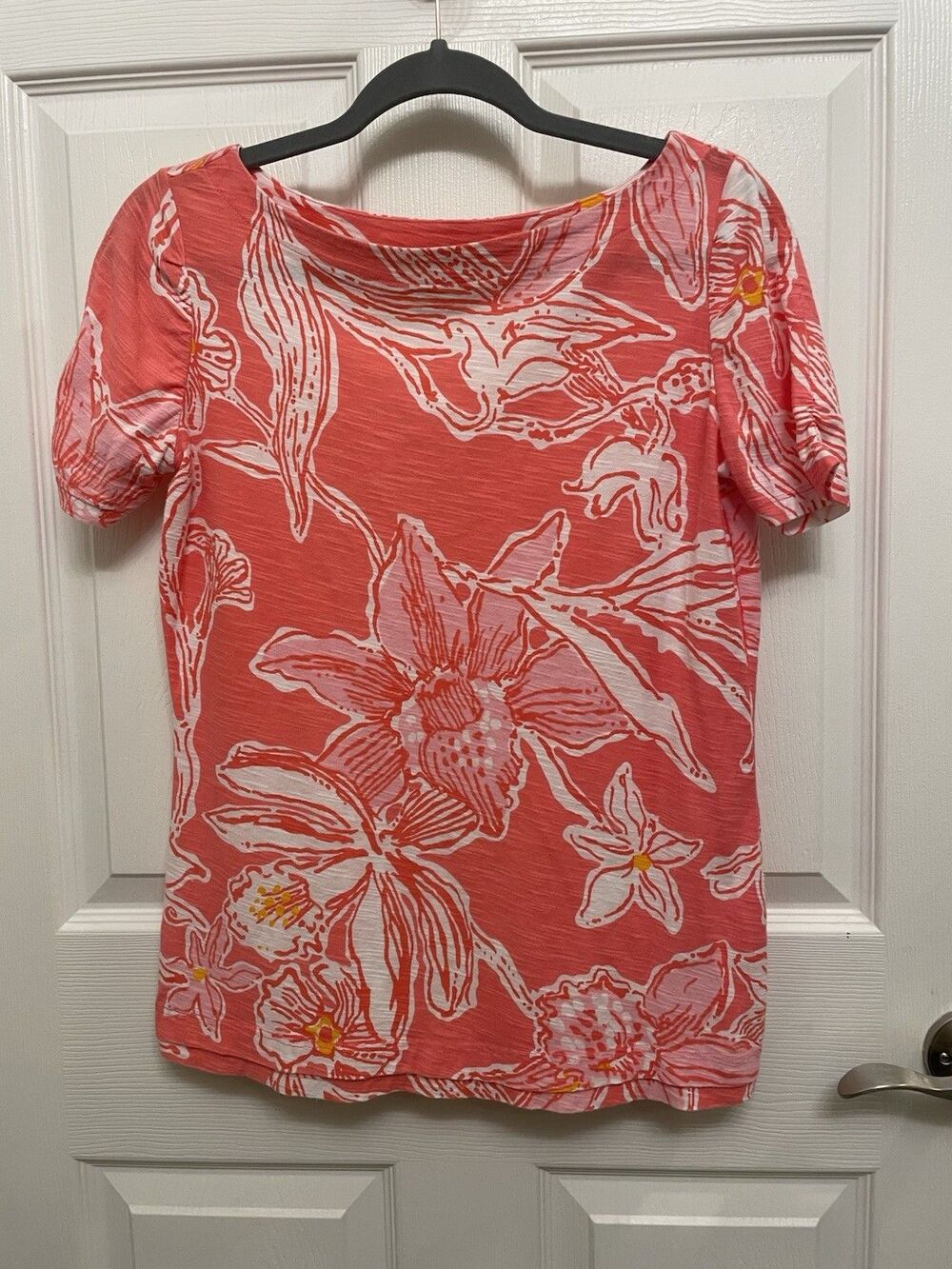 Lilly Pulitzer Large Lana Boatneck Tee Shirt Cotton Pink Floral Glamorous Life